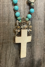 Load image into Gallery viewer, Turquoise Beaded Necklace with Bone Cross Pendant