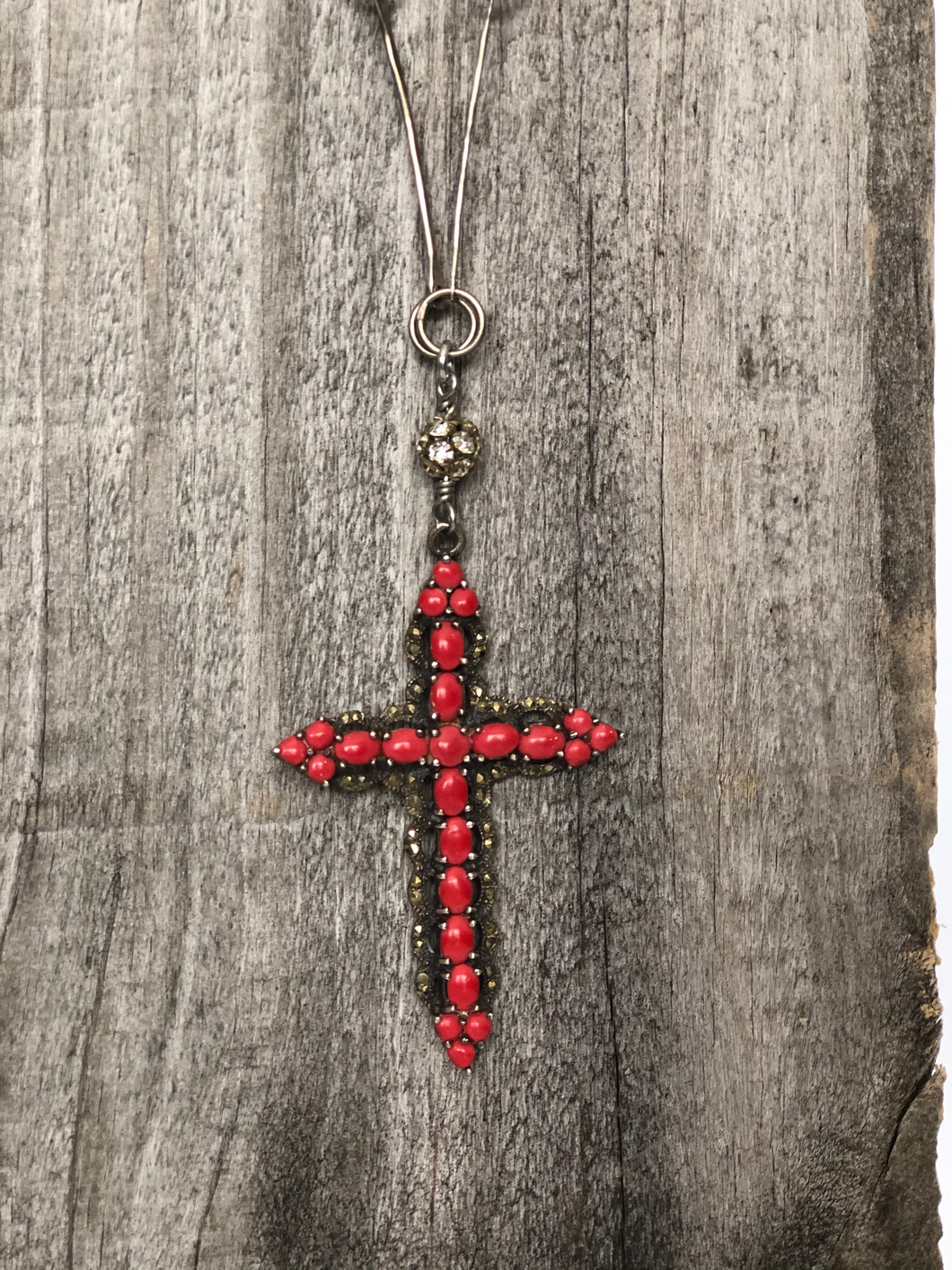 Vintage Marcasite & Coral Cross Necklace