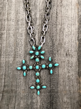 Load image into Gallery viewer, Turquoise &amp; Sterling Silver Cross on Double Strand Vintage Silver Chain
