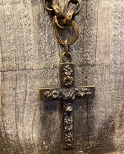 Load image into Gallery viewer, Vintage Brass Chain Rose Quartz Medallion Cross Necklace