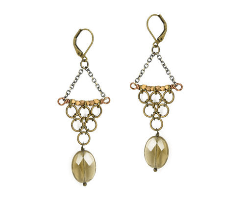 Smoky Quartz Oval Triangle Chainmaille Earrings