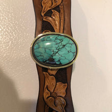 Load image into Gallery viewer, Tooled Leather &amp; Turquoise Cuff
