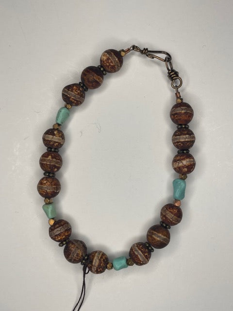 Acid Etched Agate & Turquoise Beaded Bracelet