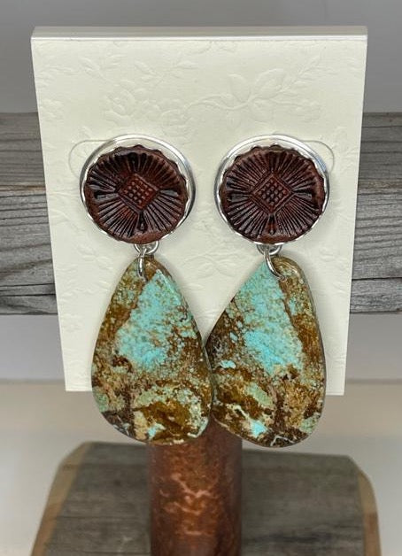 Tooled Leather & Turquoise Slab Earrings