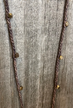 Load image into Gallery viewer, Long Braided Leather &amp; Brass Bead Coin Necklace
