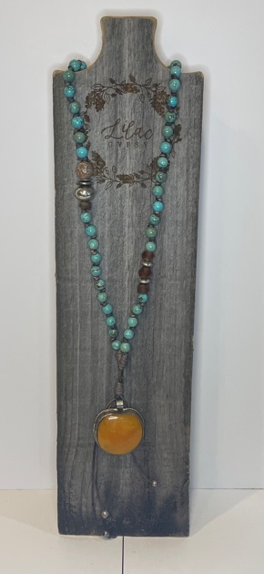 Turquoise & Copal Beaded Necklace with Copal Pendant