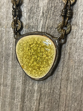 Load image into Gallery viewer, Vintage Brass Chain &amp; Olive Green Crystal Glass Pendant
