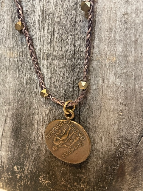 Long Braided Leather & Brass Bead Coin Necklace
