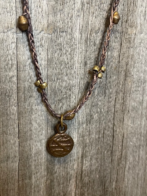 Short Braided Leather & Brass Bead Coin Necklace