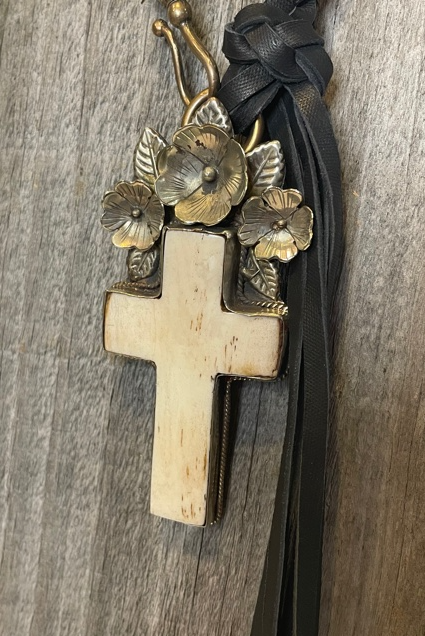 Braided Leather & Bone Cross Choker With Fringe