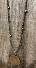 Load image into Gallery viewer, Long Braided Leather &amp; Brass Bead Coin Necklace
