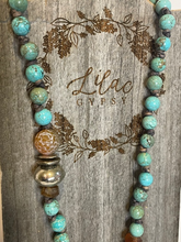 Load image into Gallery viewer, Turquoise &amp; Copal Beaded Necklace with Copal Pendant
