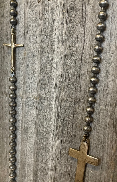 Long Layering Silver Ball Chain & Brass Cross Necklace