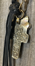 Load image into Gallery viewer, Braided Leather &amp; Bone Cross Choker With Fringe

