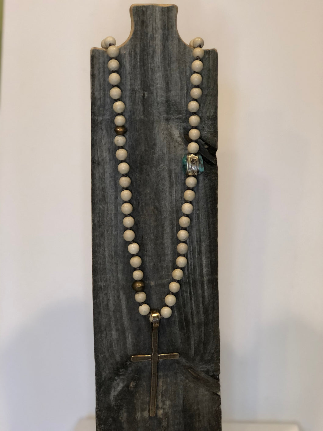 Fossil Jasper & Turquoise Beaded Necklace with Oversized Cross Pendant