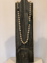 Load image into Gallery viewer, Fossil Jasper &amp; Turquoise Beaded Necklace with Oversized Cross Pendant
