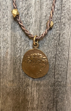 Load image into Gallery viewer, Medium Braided Leather &amp; Brass Bead Coin Necklace
