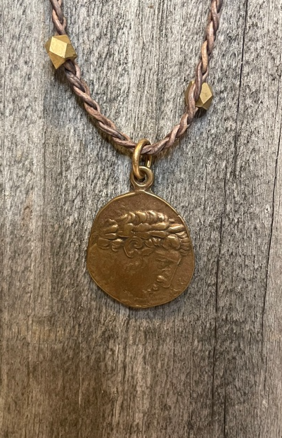 Medium Braided Leather & Brass Bead Coin Necklace