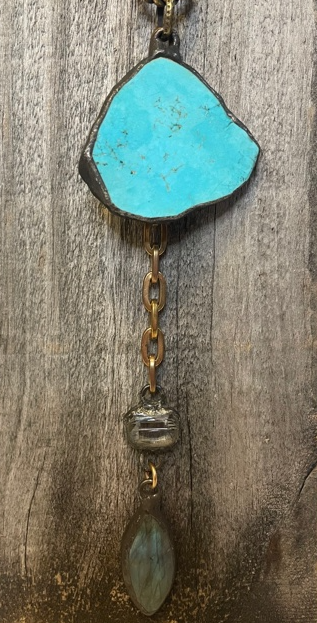 Turquoise Slab & Labradorite Drop Mixed Metal Necklace