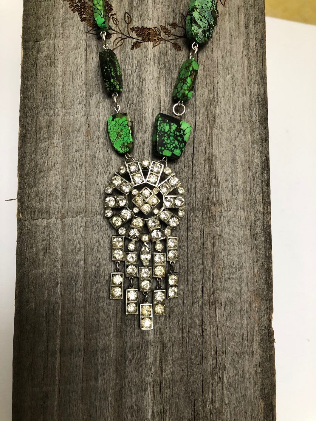 Green Turquoise Slab Stones with Vintage Rhinestone Dress Clip Pendant