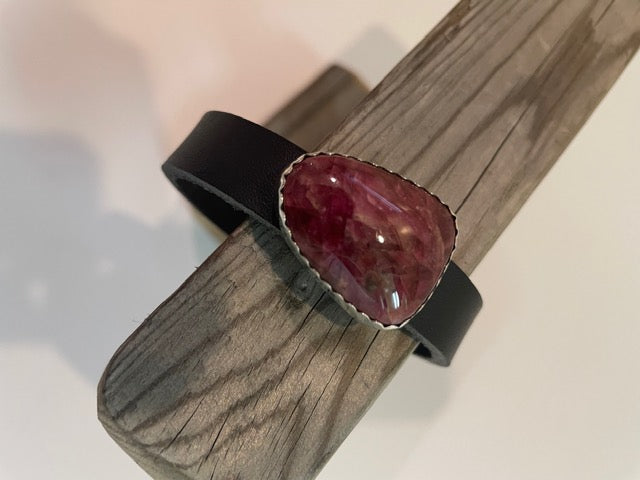 Rhodonite & Sterling Leather Cuff