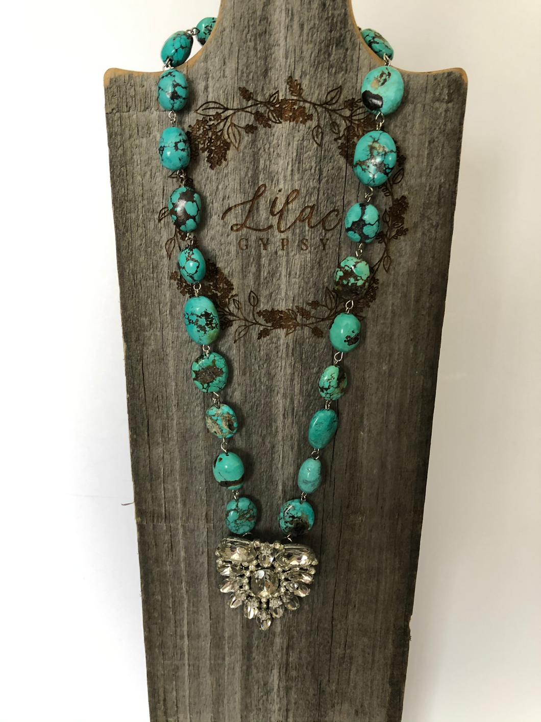 Turquoise Stones with Vintage Rhinestone Dress Clip Pendant