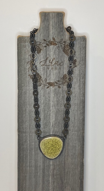 Vintage Brass Chain & Olive Green Crystal Glass Pendant
