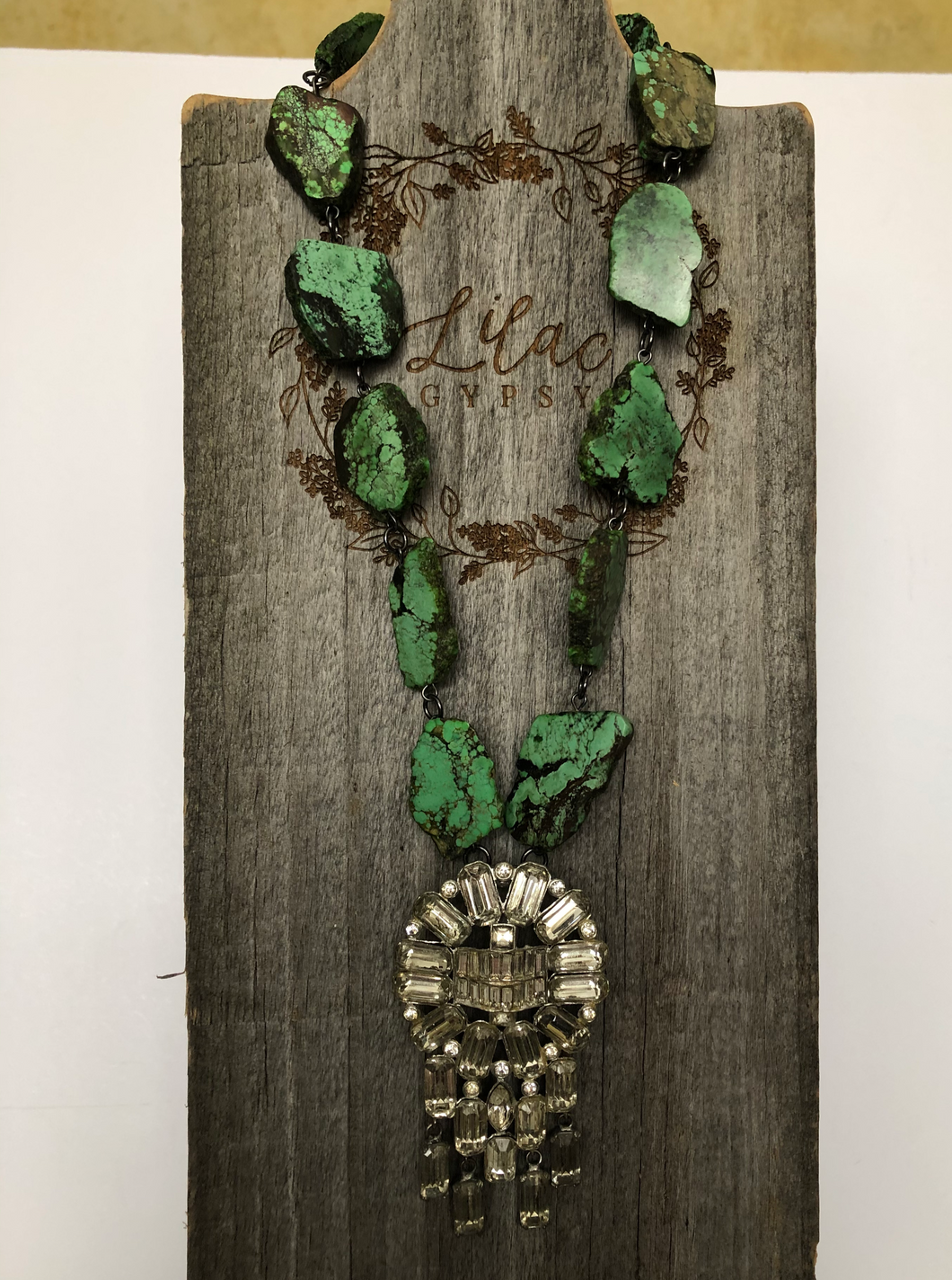 Green Turquoise Slab Stones with Vintage Rhinestone Dress Clip Pendant