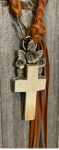 Load image into Gallery viewer, Braided Leather &amp; Bone Cross Choker With Fringe
