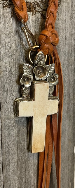 Braided Leather & Bone Cross Choker With Fringe