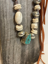Load image into Gallery viewer, Braided Leather Turquoise &amp; Shell Mix Fringe Necklace
