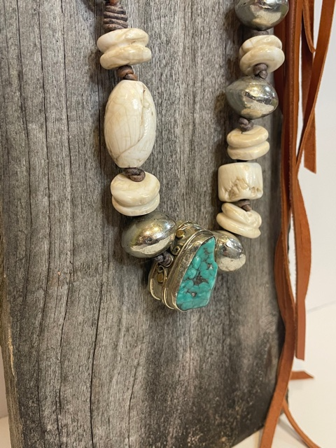 Braided Leather Turquoise & Shell Mix Fringe Necklace